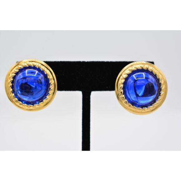 Givenchy Vintage Blue Cabochon Earrings Royal Round Gold Chunky Signed 80s Bin4 - Picture 1 of 12